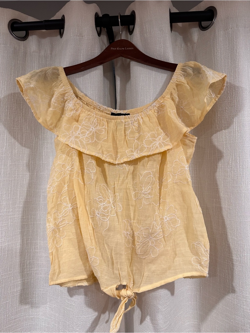 BCX Yellow Floral Embroidered Off-Shoulder Tie-Hem Top